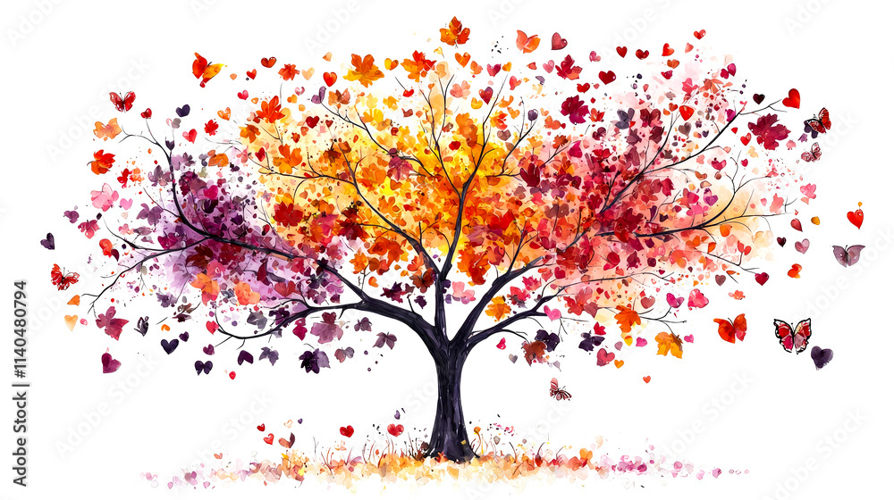 Watercolor autumn tree with heart-shaped leaves and butterflies. Watercolor autumn tree with heart-shaped leaves and butterflies.