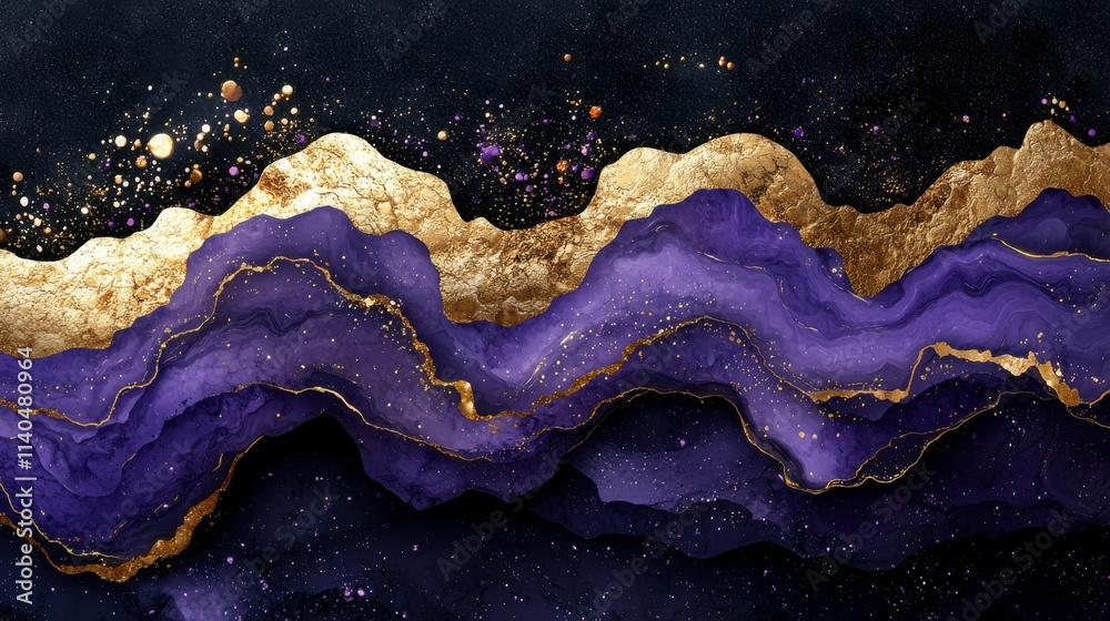 This artwork features vibrant purple waves accented with gold, set against a dark background, creating a dynamic and fluid visual experience. This artwork features vibrant purple waves accented with gold, set against a dark background, creating a dynamic and fluid visual experience.