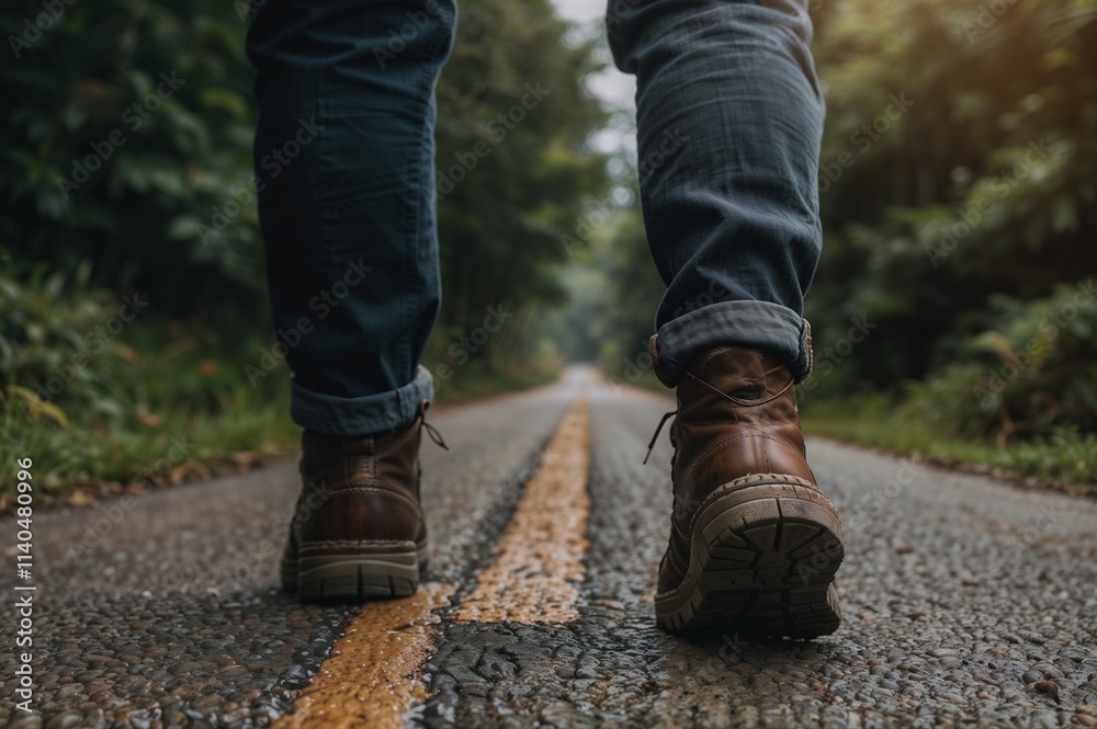 close up walking feet with cool, journey on different road, self challenge theme concept, Generative Ai close up walking feet with cool, journey on different road, self challenge theme concept, Generative Ai