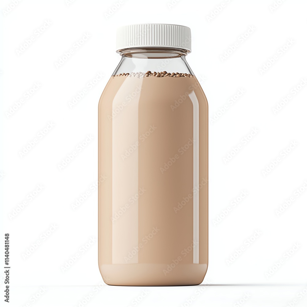 A glass bottle filled with creamy, light brown liquid, featuring a white cap, suggesting a beverage like chocolate milk or coffee drink. A glass bottle filled with creamy, light brown liquid, featuring a white cap, suggesting a beverage like chocolate milk or coffee drink.