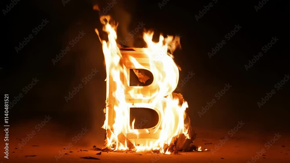 A large letter B is engulfed in flames, creating a striking visual effect against the dark night sky. This dramatic moment showcases fire's beauty and intensity during the event.