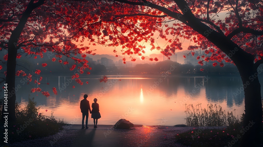 Fototapeta premium Silhouetted couple by a serene lake under blooming cherry blossoms at sunset.