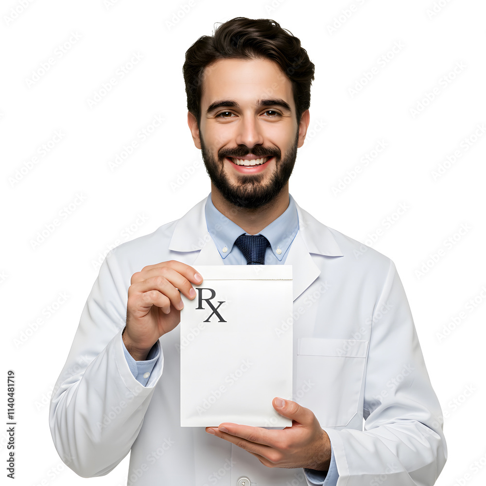 A smiling male pharmacist holding a prescription bag. png isolated background. transparent background. A smiling male pharmacist holding a prescription bag. png isolated background. transparent background.