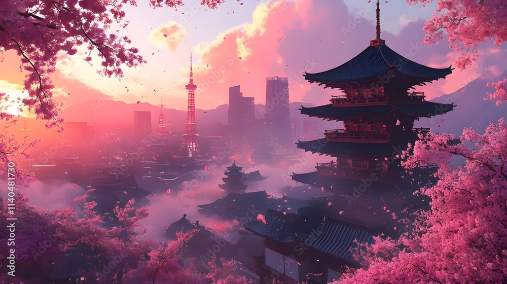 Obraz premium Serene sunset over a tranquil Japanese cityscape with cherry blossoms in bloom.