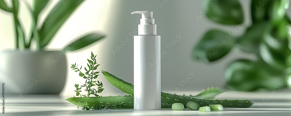 Minimalist Aloe Vera and Botanical Skincare Product with Greenery : Generative AI Minimalist Aloe Vera and Botanical Skincare Product with Greenery : Generative AI