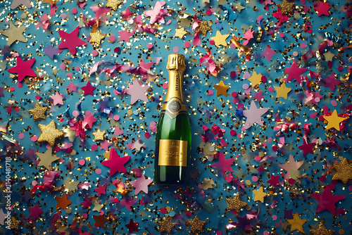 A Festive Celebration Background Featuring a Golden Champagne Bottle. photo