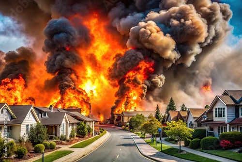 Suburban residential area engulfed in firestorm next to street, chaos, destruction