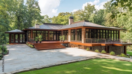 Modern house surrounded by nature with large windows and a spacious deck.