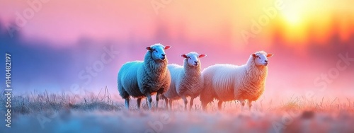 Sheep flock silhouetted against an ethereal pink and purple sunrise photo