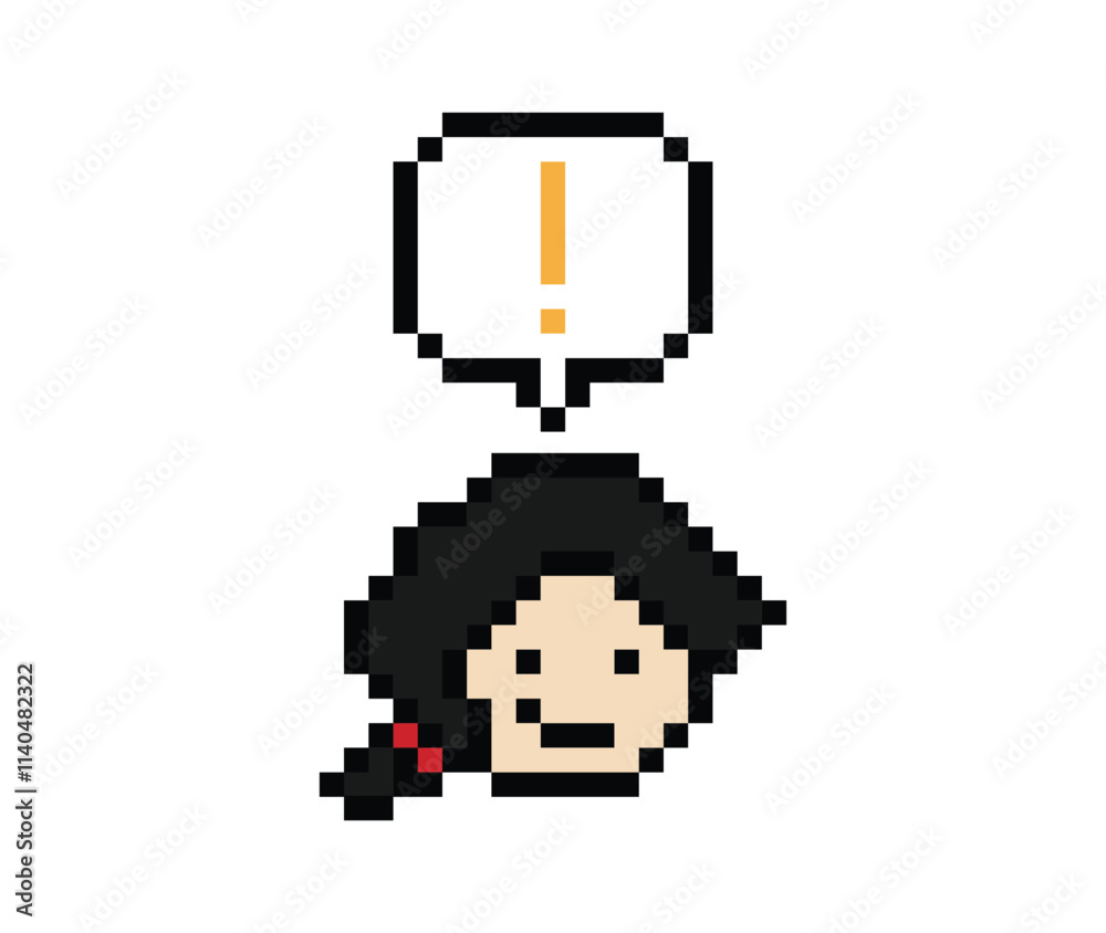 Naklejka premium Cute pixel cartoon character woman lady notice with exclamation mark decoration 8 bit female girl surprise idea exclamation alert cartoon pixel game 8bit png vector.
