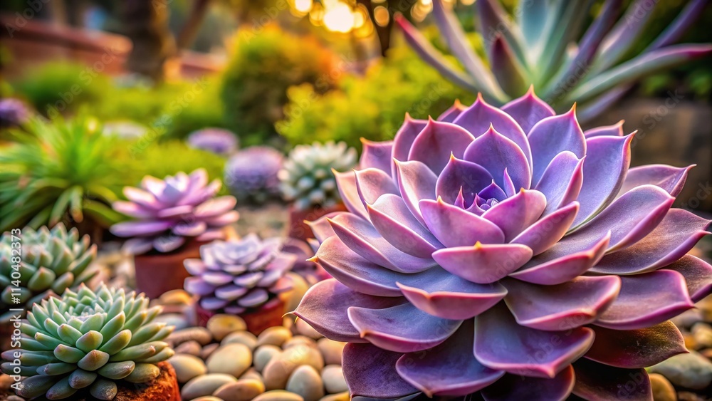 Succulent garden with Echeveria pearl purple in focus showcasing depth of field Succulent garden with Echeveria pearl purple in focus showcasing depth of field