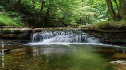 A serene forest scene featuring a gentle waterfall flowing into a tranquil stream.