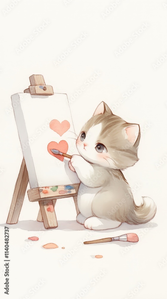 Fototapeta premium A cute kitten paints hearts on a canvas, showcasing creativity and charm in a whimsical, artistic setting.