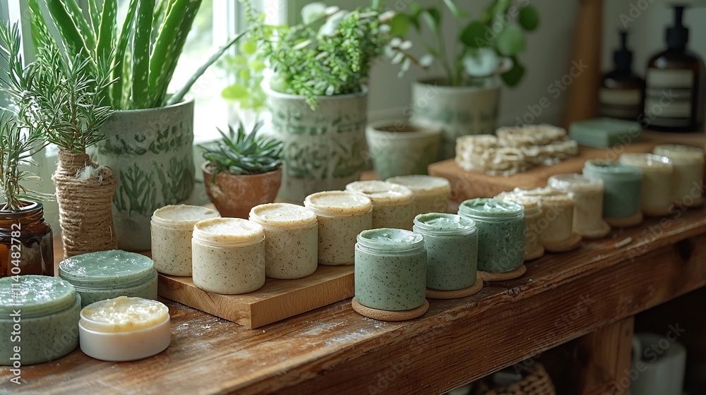 Natural Skincare Table Setup with Organic Face Masks and Clay Scrubs in Sunlit Wooden Slab Natural Skincare Table Setup with Organic Face Masks and Clay Scrubs in Sunlit Wooden Slab