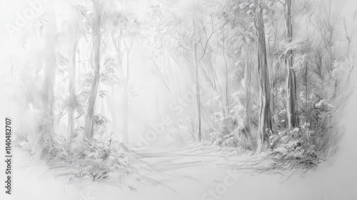 Wallpaper Mural Serene Black and White Artistic Illustration of a Misty Forest Path with Trees and Gentle Light Filtering Through the Leaves in a Dreamy Atmosphere Torontodigital.ca