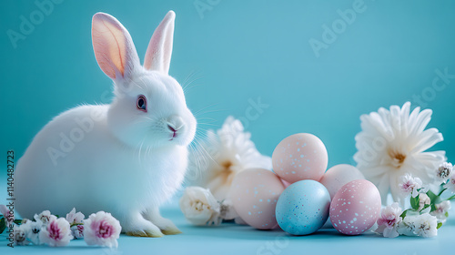 Lapin de Pâques avec des oeufs et des fleurs photo