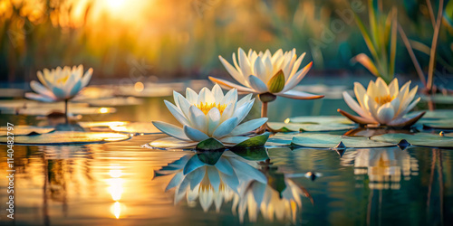 Serene marshland landscape featuring delicate white water lilies reflecting in calm water at sunset. tranquil scene evoking peace and natural beauty
