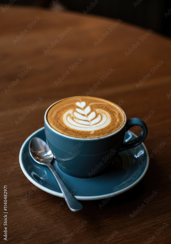 Artistic Latte in a Blue Cup with Saucer on Wooden Table Artistic Latte in a Blue Cup with Saucer on Wooden Table