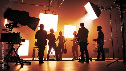 Professional Film Crew on Set with Bright Studio Lights and Camera Equipment During Video Production

 photo