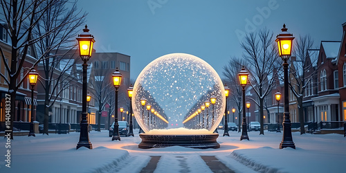 Wallpaper Mural Snow Globe Street - A street with giant snow globe lampposts. backdrop background digital art crisp oilpinting minimalist sharp details funny background copyspace Torontodigital.ca