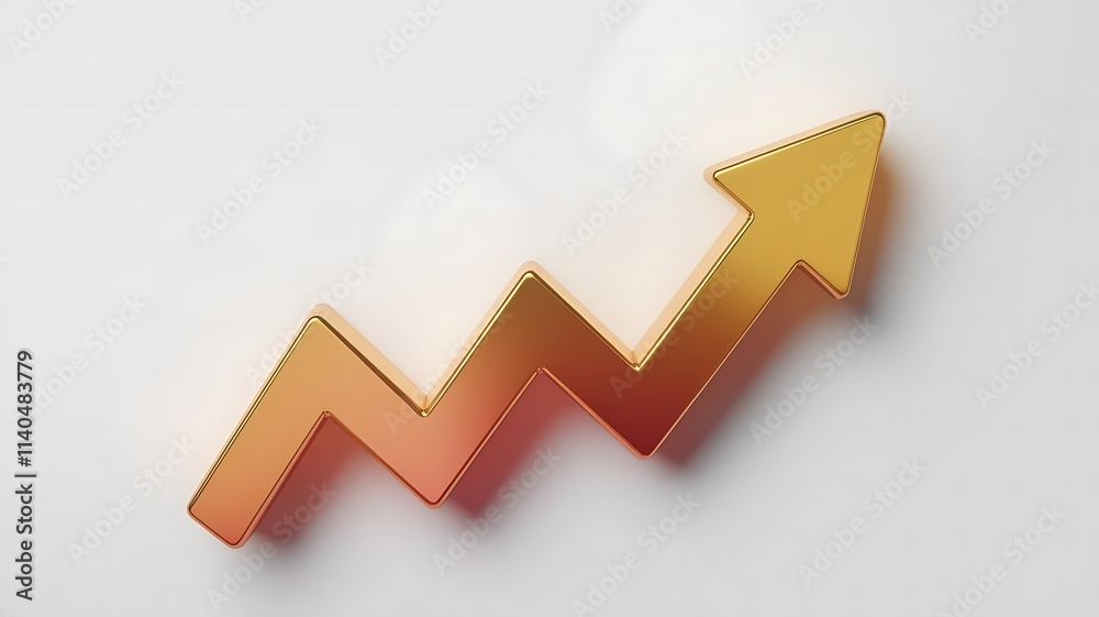 3D Render of a Glossy Golden Gradient Zigzag Upward Arrow Symbolizing Growth and Progress Isolated on White Background 3D Render of a Glossy Golden Gradient Zigzag Upward Arrow Symbolizing Growth and Progress Isolated on White Background