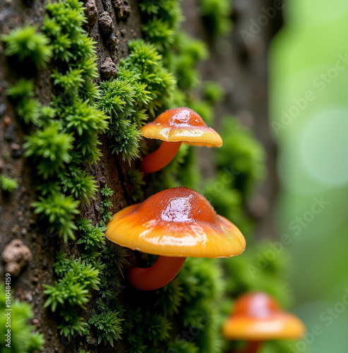 Vibrant orange mushrooms growing on mossy tree bark