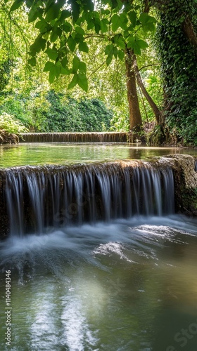A serene waterfall cascading into a tranquil pool, surrounded by lush greenery.