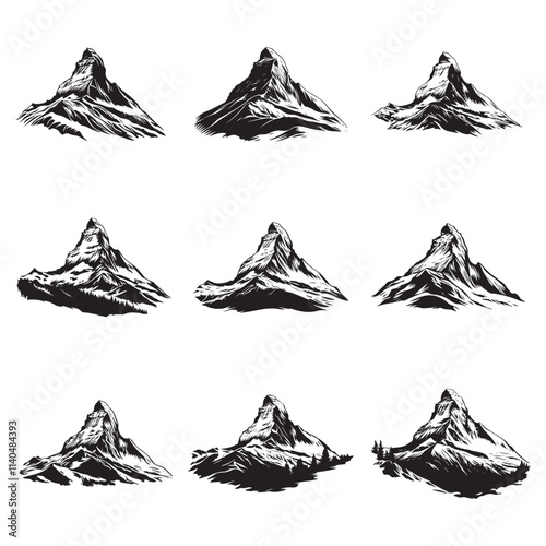 Black and white hand drawn mountain peak illustration set, Mountains landscape silhouette, Rocky peaks vector icon