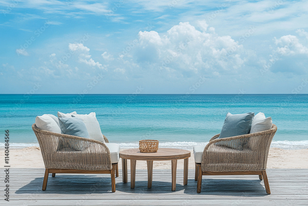 Cozy seating with ocean view on a sunny beach day near the water