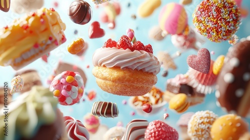 lots of different sweet buns, cakes, candies flying around Ultra photorealistic, RTX. HD 8k