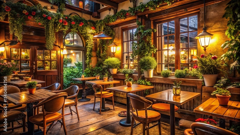 Fototapeta premium Low Light Bistro Germany: Sustainable Design, Cozy Atmosphere, Natural Materials