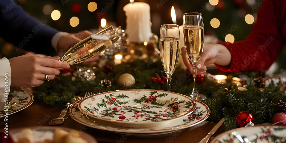 A romantic Christmas dinner scene features two people clinking champagne flutes. The elegant table is decorated with festive plates, greenery, and candles. A romantic Christmas dinner scene features two people clinking champagne flutes. The elegant table is decorated with festive plates, greenery, and candles.