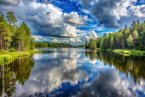 Summer landscape lake forest in cloudy weather Panoramic