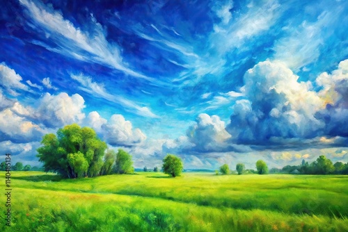 summer landscape in impressionism featuring bright blue skies and green meadows