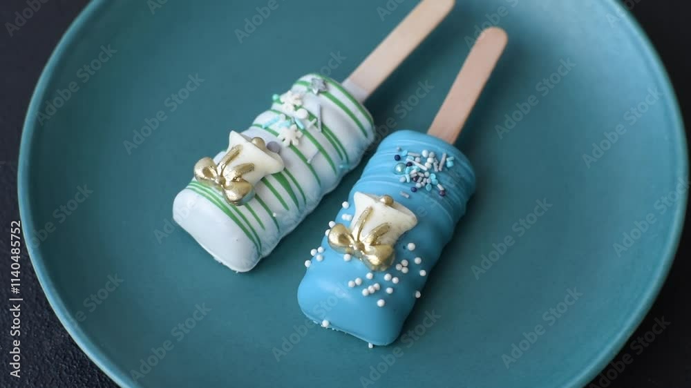 Natural popsicle ice cream on a stick covered with chocolate in the style and colors of Christmas and New Year on a dark concrete background Natural popsicle ice cream on a stick covered with chocolate in the style and colors of Christmas and New Year on a dark concrete background