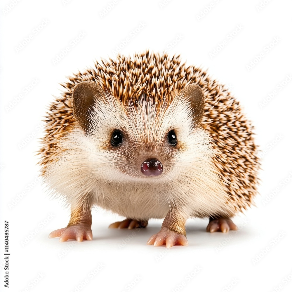 Obraz premium Adorable hedgehog with a round body and cute face, showcasing its unique quills and whiskers against a bright white background for animal lovers and nature enthusiasts