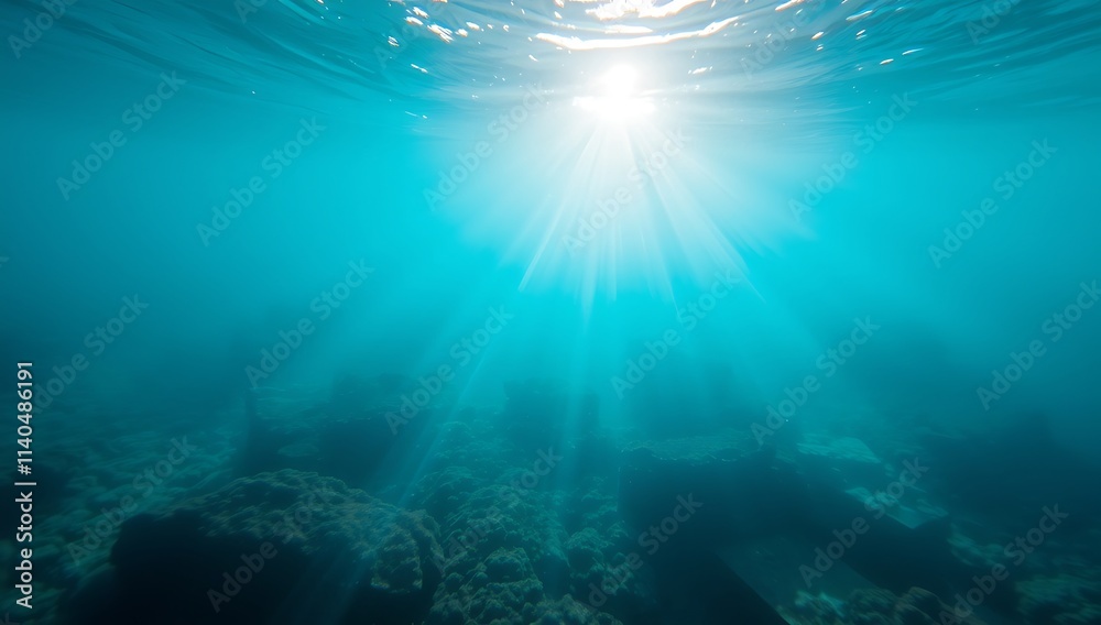 Fototapeta premium Underwater Sunlight Illuminates Ocean Floor Rocks