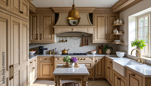 Classic French country kitchen with distressed wood cabinetry and antique brass hardware. background copyspace