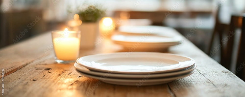 a wooden table topped with white plates and a candle a wooden table topped with white plates and a candle