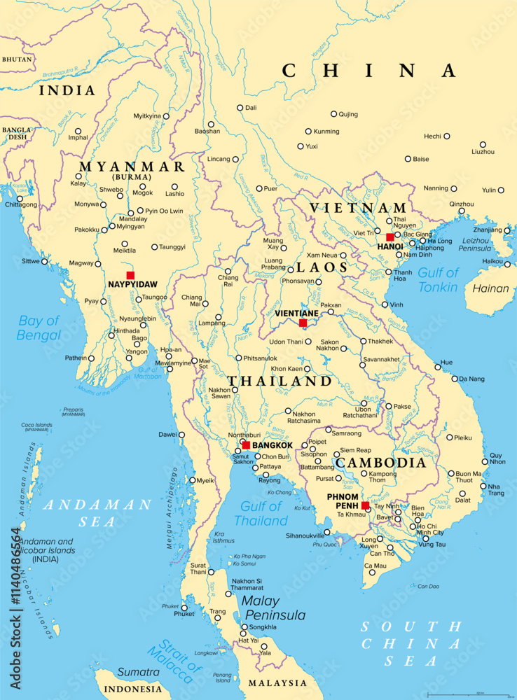 Obraz premium Northern part of Mainland Southeast Asia, transport political map. Countries Thailand, Vietnam, Myanmar, Laos, and Cambodia, with the most important waterways on rivers, and with the largest cities.