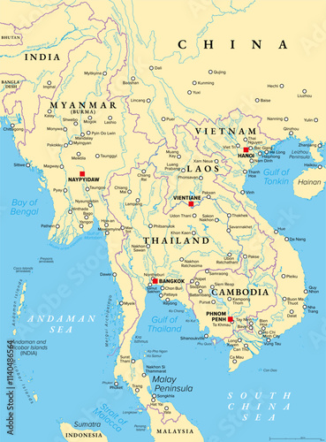 Northern part of Mainland Southeast Asia, transport political map. Countries Thailand, Vietnam, Myanmar, Laos, and Cambodia, with the most important waterways on rivers, and with the largest cities.