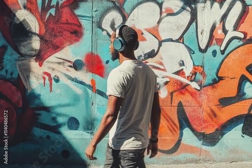 Urban Art Enthusiast. A Man Walking Beside a Vibrant Graffiti Wall. Street Art, Music, and City Life. photo