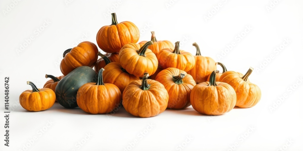 A Bountiful Harvest of Small Pumpkins and a Single Dark Green Gourd on a White Background A Bountiful Harvest of Small Pumpkins and a Single Dark Green Gourd on a White Background