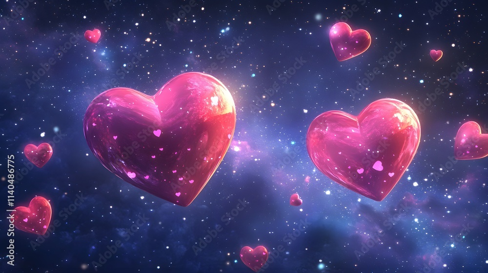 Colorful floating hearts in a cosmic scene, symbolizing love and romance. Colorful floating hearts in a cosmic scene, symbolizing love and romance.