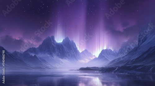 Majestic purple aurora lights dance over icy mountains by serene lake at night
