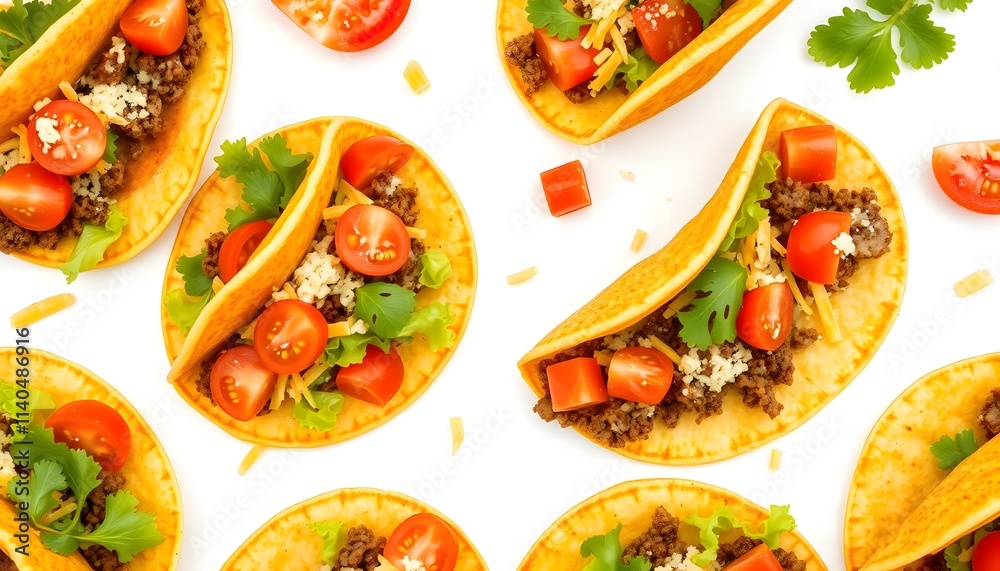 Delicious Savory Tacos with Fresh Tomatoes and Cilantro on White Background Delicious Savory Tacos with Fresh Tomatoes and Cilantro on White Background