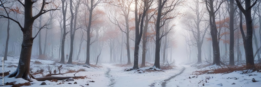A snow-covered forest with bare tree limbs and a foggy atmosphere , foggy, bare trees A snow-covered forest with bare tree limbs and a foggy atmosphere , foggy, bare trees
