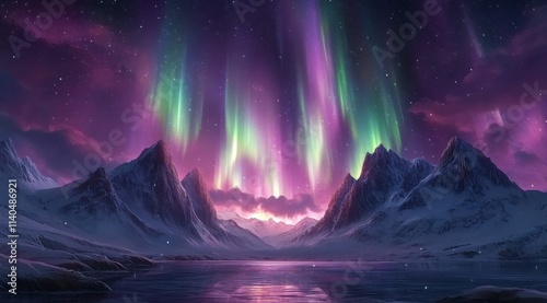 Majestic purple aurora lights dance over icy mountains by serene lake at night