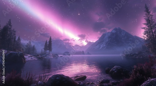 Majestic purple aurora lights dance over icy mountains by serene lake at night