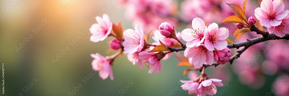 Tree branches laden with pink blossoms and leaves, blooming, pink blossom tree, greenery Tree branches laden with pink blossoms and leaves, blooming, pink blossom tree, greenery